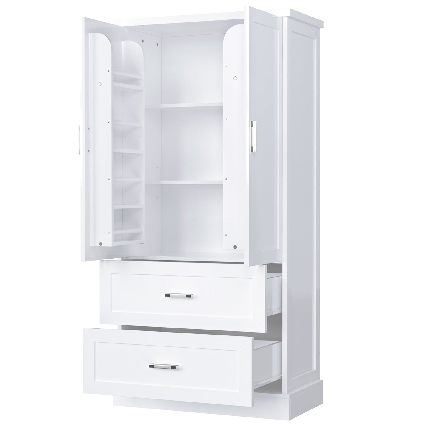 Tall Bathroom Storage Cabinet with Two Doors and Drawers, Adjustable Shelf, MDF Board, White Finish