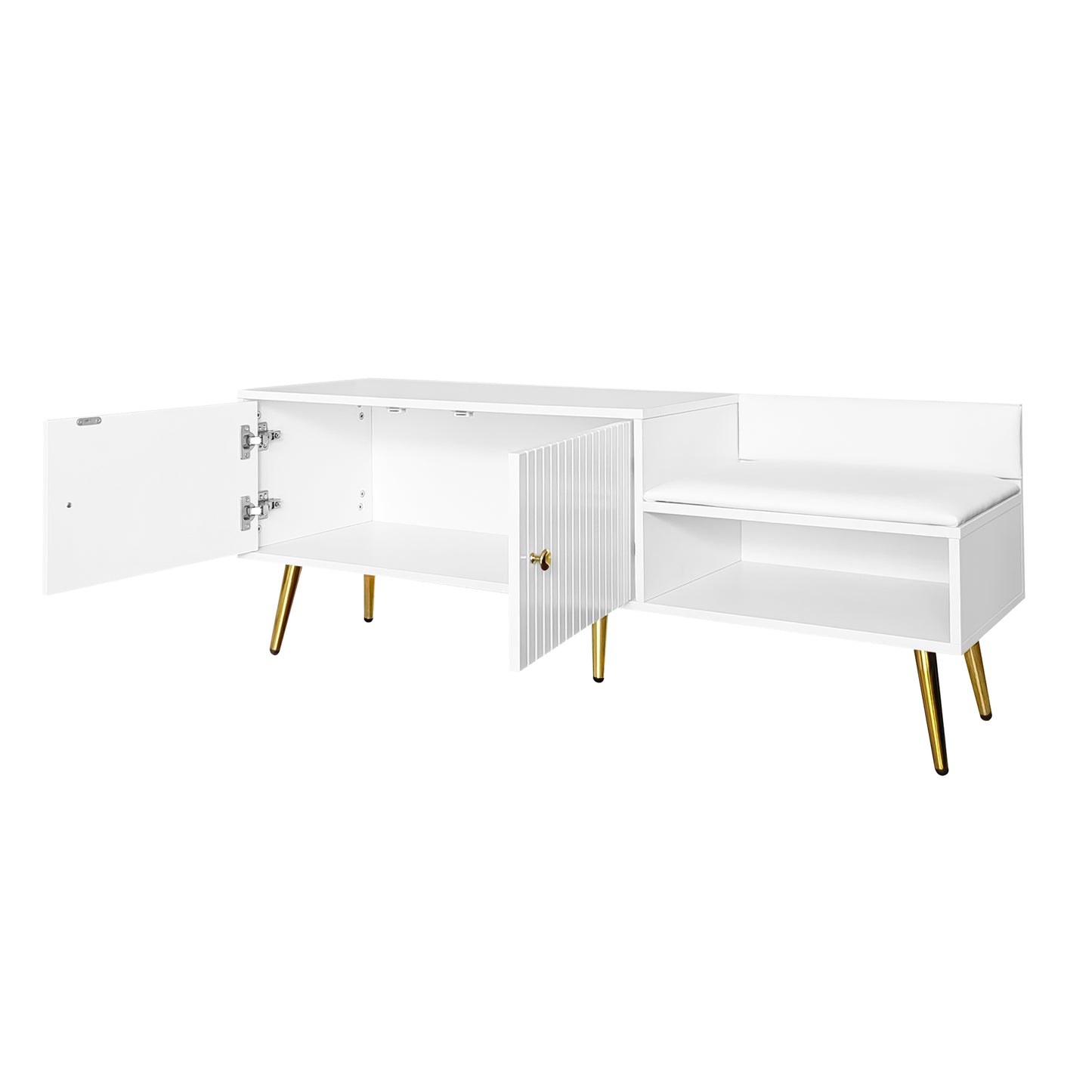 Modern Shoe Storage Bench with Hidden Storage and Upholstered Cushions, White Finish