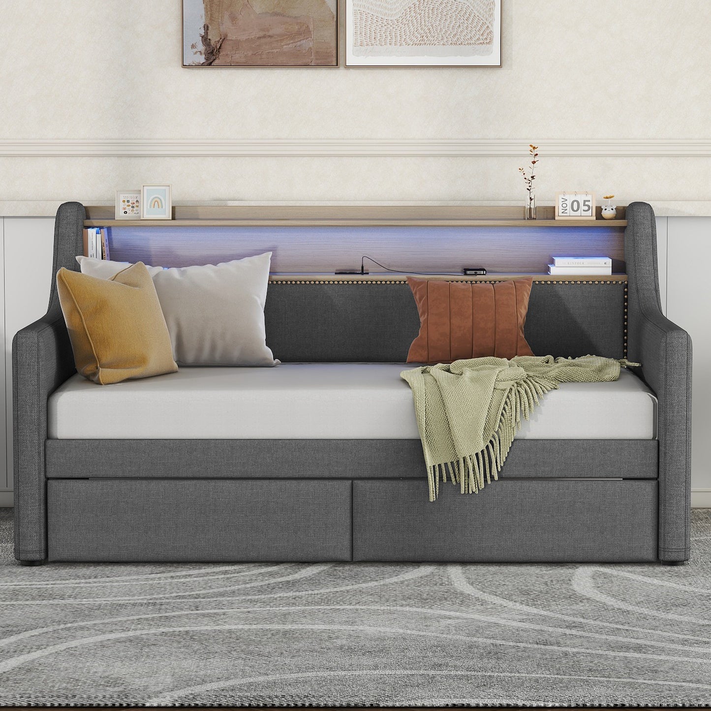 Twin Size Daybed with Storage Drawers, Upholstered Daybed with Charging Station and LED Lights, Gray