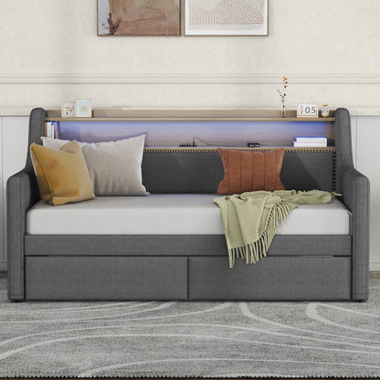 Twin Size Daybed with Storage Drawers, Upholstered Daybed with Charging Station and LED Lights, Gray