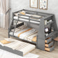 Twin over Full Bunk Bed with Trundle and Built-in Desk, Three Storage Drawers and Shelf,Gray