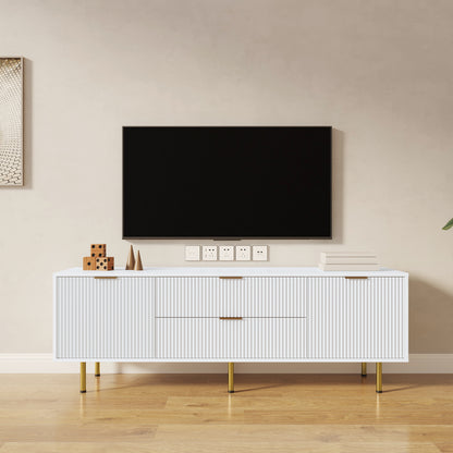 Mueble de TV moderno en blanco cálido, elegante centro de entretenimiento para salas de estar y dormitorios