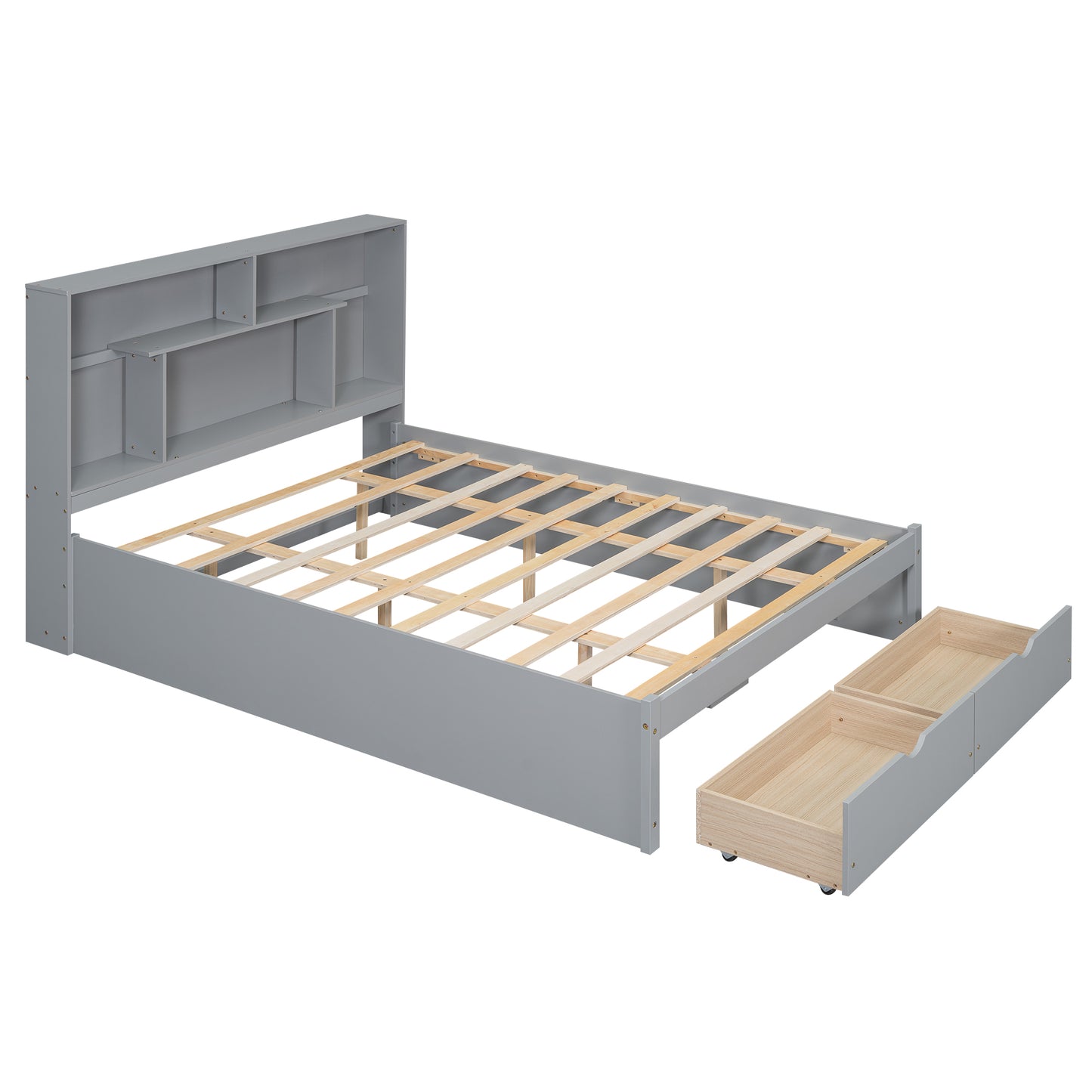 Queen Size Platform Bed with Storage Headboard and 2 Drawers, Gray