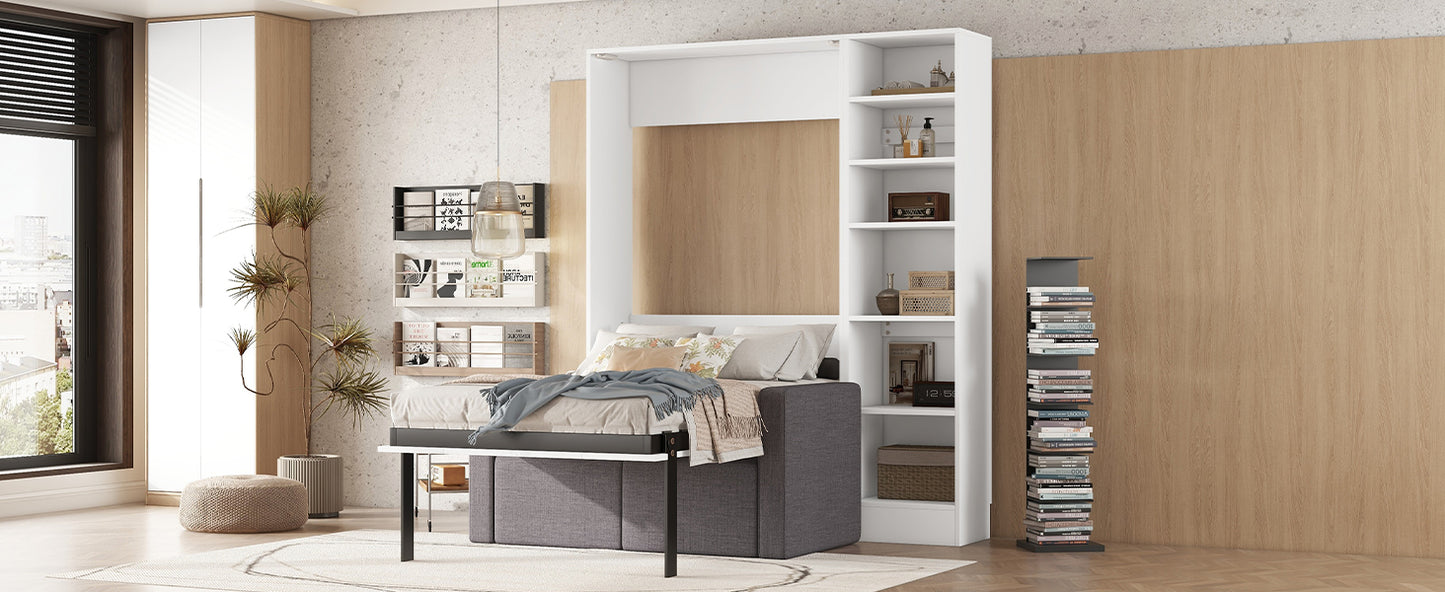 Cama plegable tamaño twin con sofá y estantes, color blanco