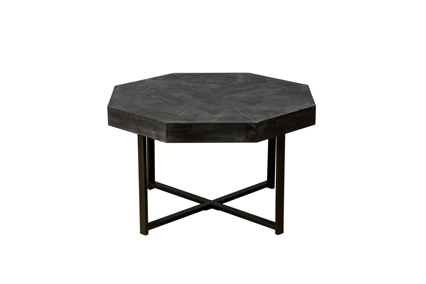 Wooden octagonal retro patchwork craft 30 inch wooden tabletop cross metal leg coffee table (Antique Black)