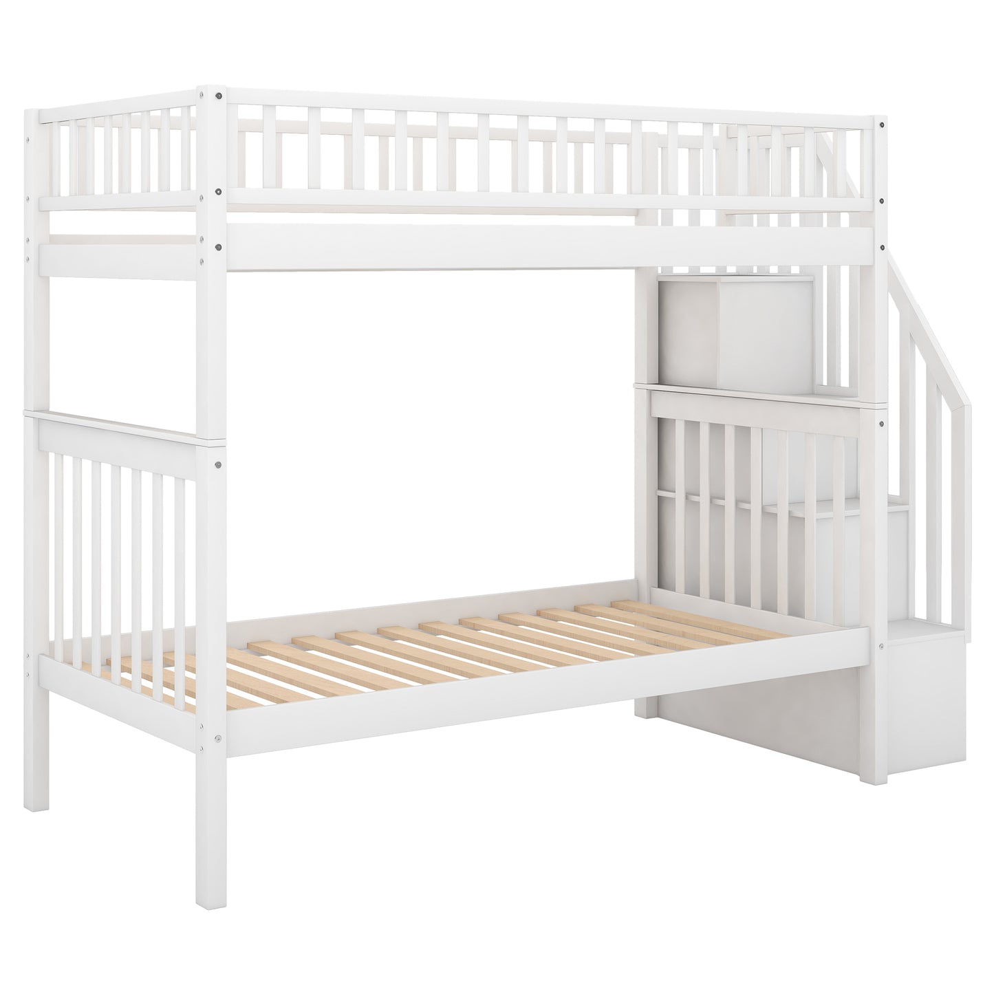 Twin over Twin Bunk Bed with Trundle and Storage  White