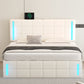 Queen Size Upholstered Bed with LED Lights,Hydraulic Storage System and USB Charging Station,White