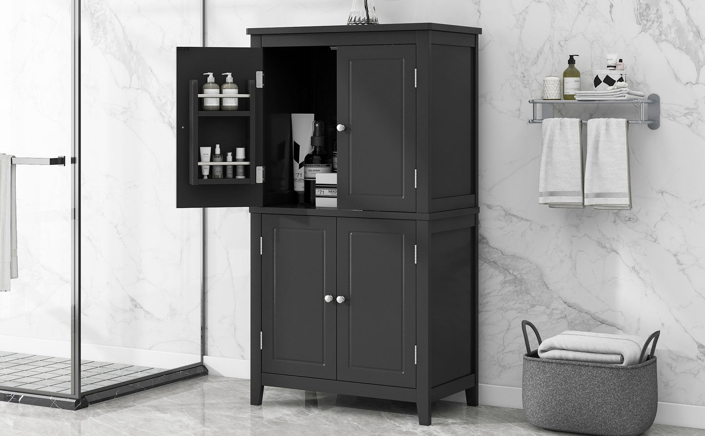 Bathroom floor storage cabinet, bathroom storage cabinet, 4-door independent cabinet, adjustable shelf, adaptive shelf, black