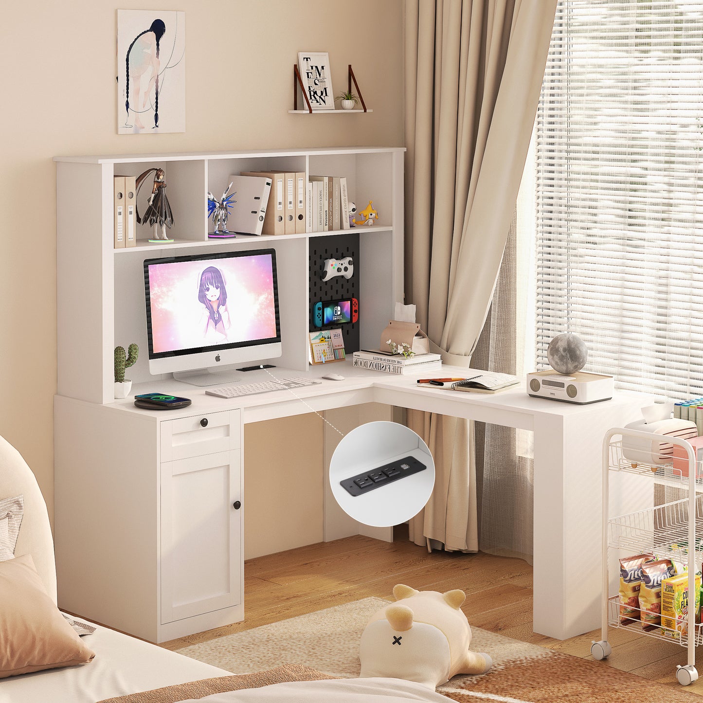 Corner gaming computer desk with socket, drawers, bookshelf and writing desk, modern L-shaped learning desk with storage space