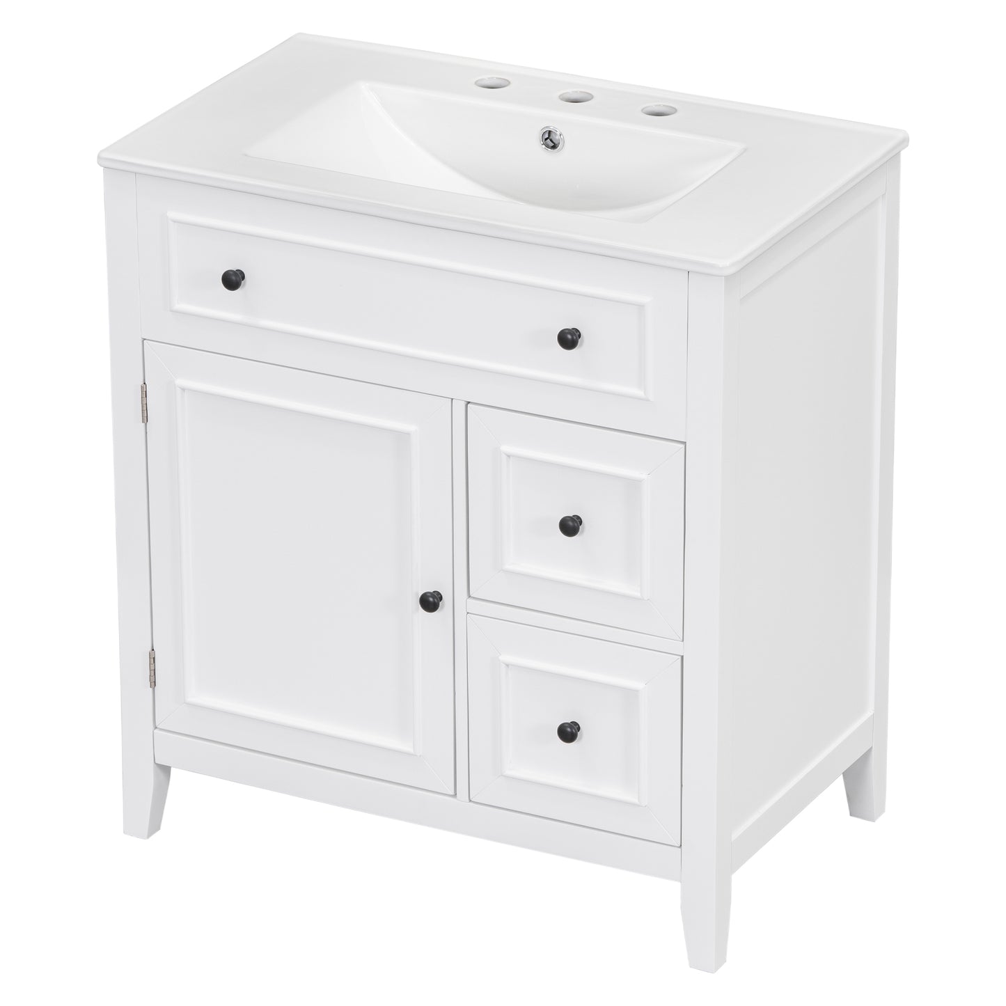 Mueble de baño de 30" con encimera de lavabo, armario de madera maciza con puerta y dos cajones, color blanco