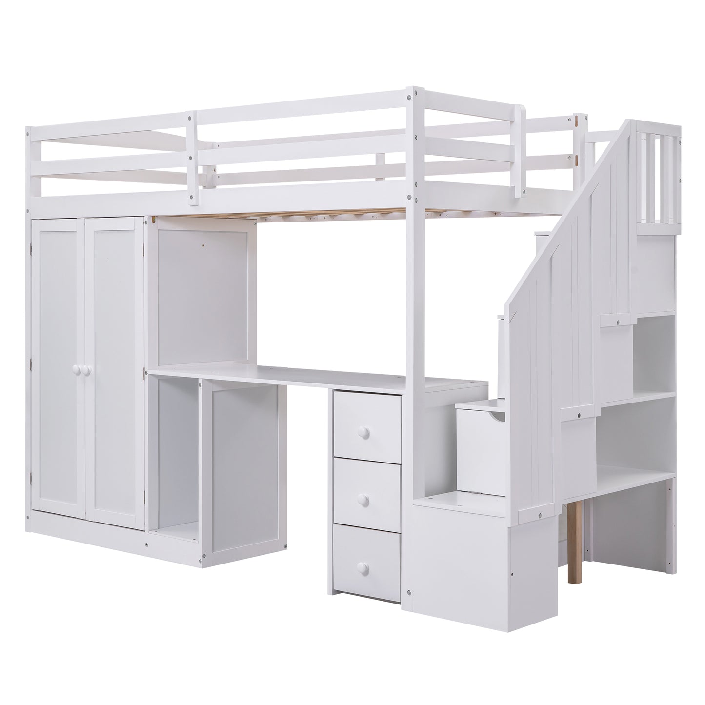 Twin Size Loft Bed with Wardrobe and Staircase, Desk and Storage Drawers and Cabinet in 1  White