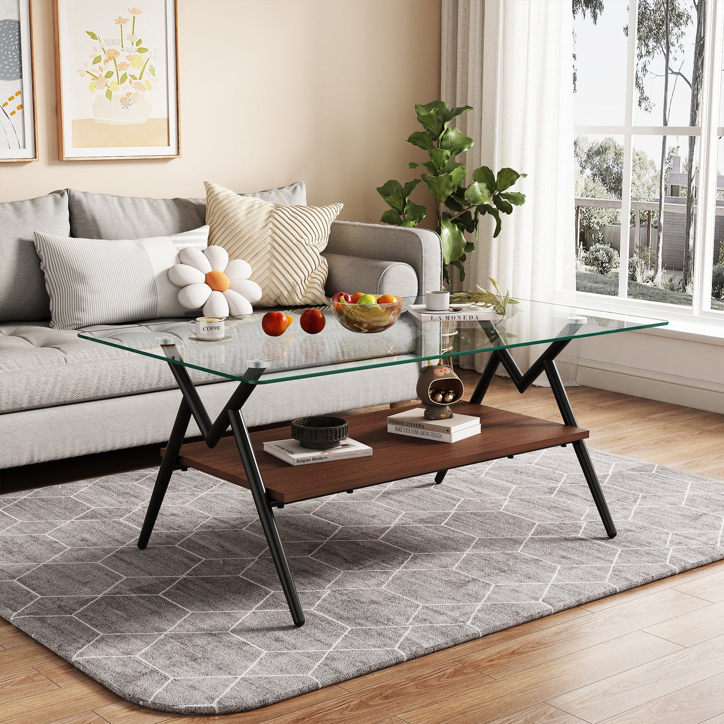 Rectangle Coffee Table with Tempered Glass Top and Black Metal Legs, Modern Design for Living Rooms