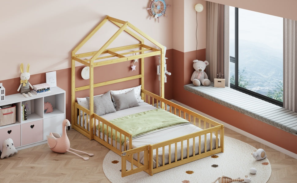 Wooden Full Size Children's Bed with Detachable Headboard and Integrated Clothes Drying Rack, Natural