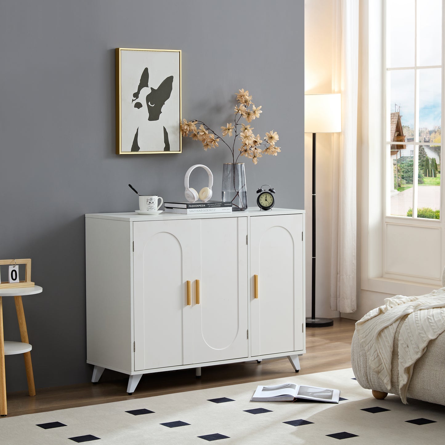 Sideboard Buffet Cabinet with 3 Doors and Removable Shelves, Ivory White Finish for Living and Dining Rooms