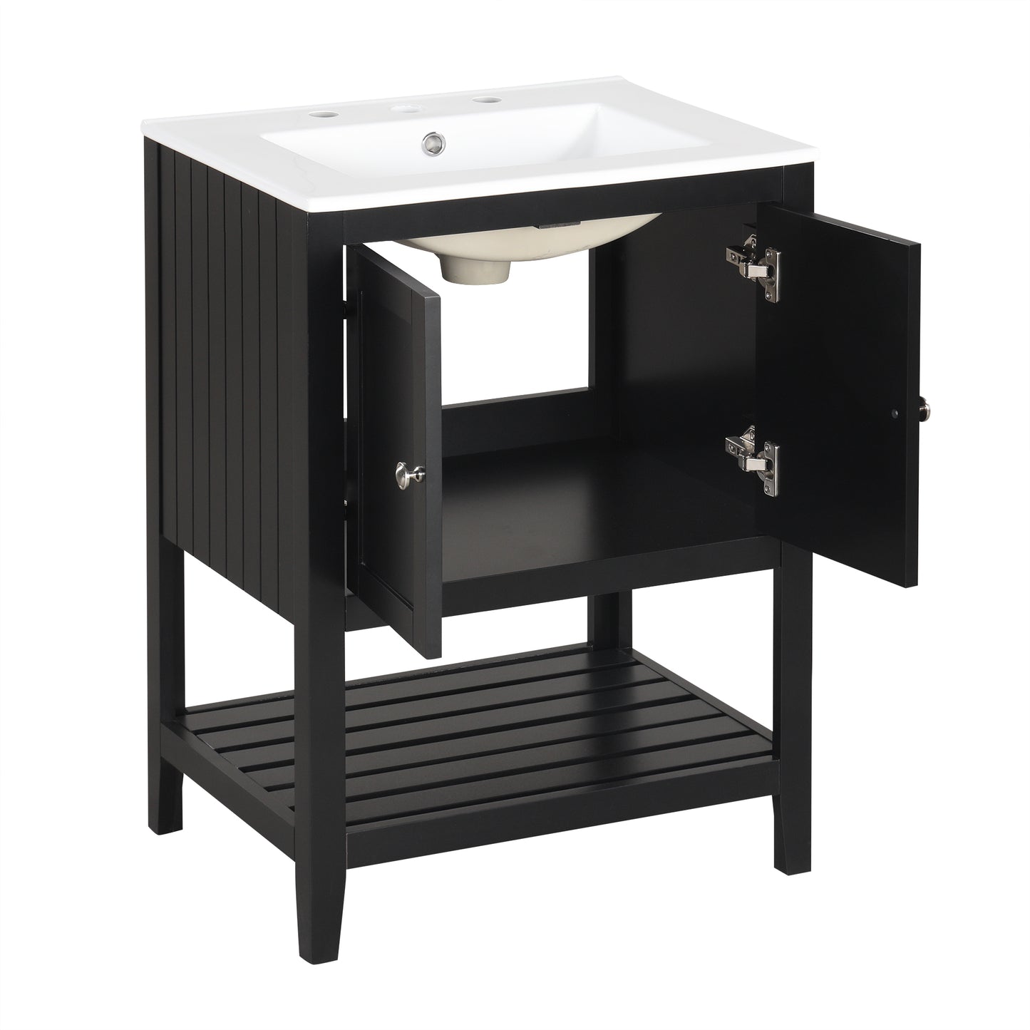 Black Modern Sleek Bathroom Vanity Elegant Ceramic Sink with Solid Wood Frame Open Style Shelf