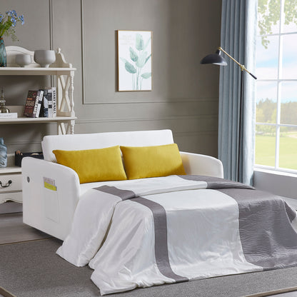 Sofá cama doble en tela color blanco crema, diseño convertible para sentarse y dormir cómodamente