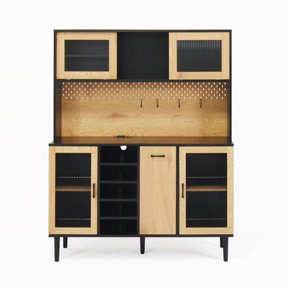 buffet side cabinet with storage door and power outlet, coffee bar cabinet with wine rack, black and natural colors