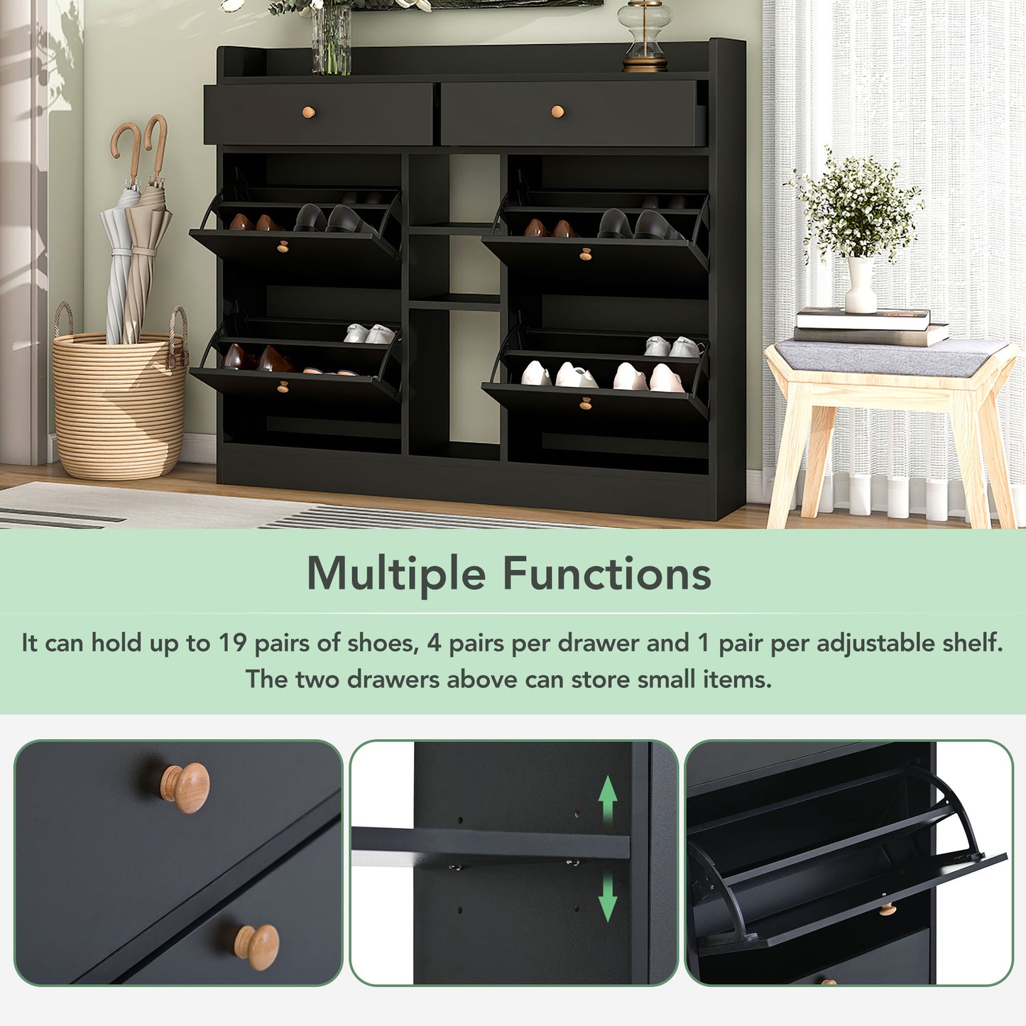 ONTREND modern shoe cabinet with 4 flipped drawers, multifunctional double-layer shoe storage with drawers, black.