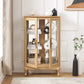 Dual door Curio cabinet with tempered glass doors, mirrored back panel and adjustable shelves, home lighting display cabinet Oak