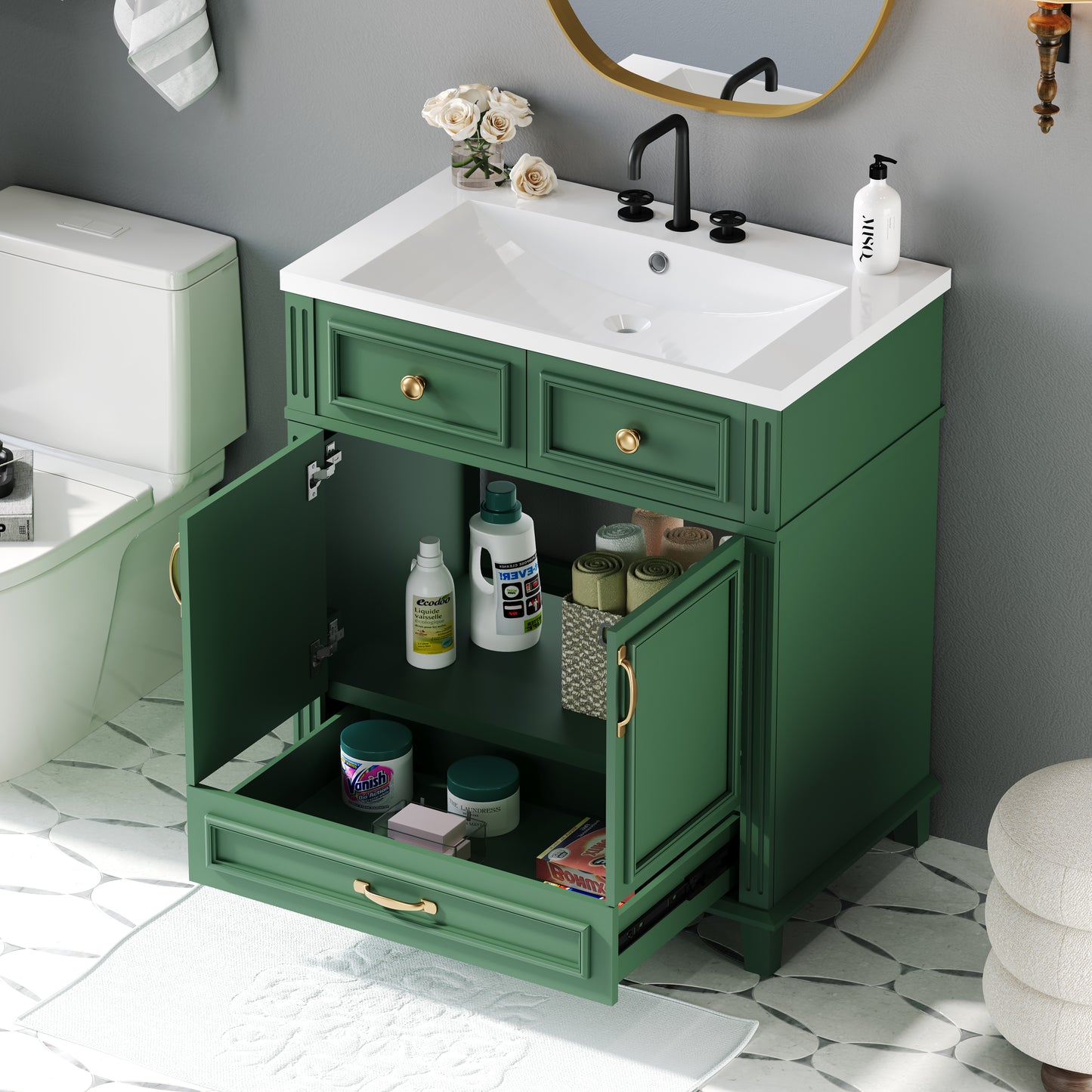 Mueble de baño descubierto de 30" con puerta de cierre suave, gabinete de almacenamiento con marco de madera maciza, acabado verde