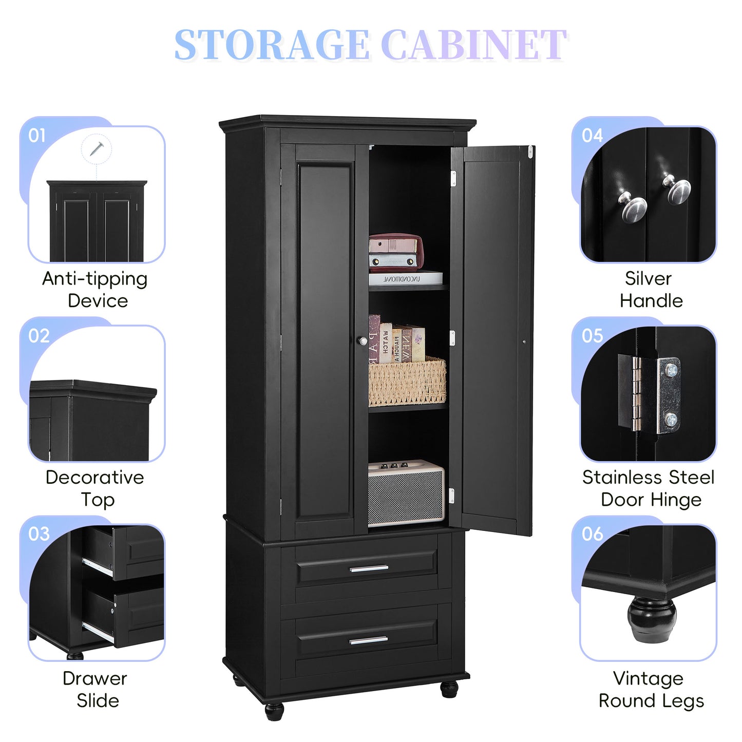 Tall Storage Cabinet with Two Drawers, Perfect for Bathrooms and Offices, Black Finish