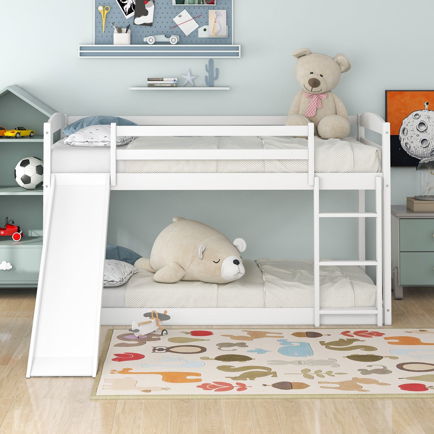 Twin over Twin Bunk Bed with Convertible Slide and Ladder   White