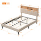 Full Size Upholstered Platform Bed with Storage Headboard and USB Port, Linen Fabric in Beige