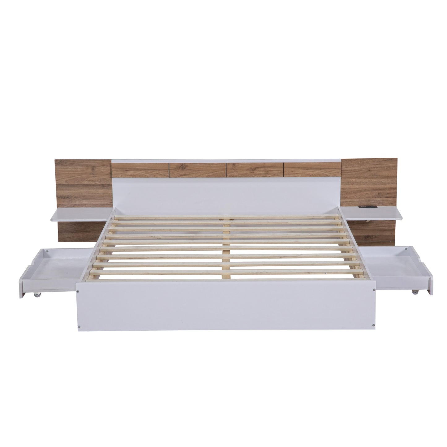 Queen Size Platform Bed with Headboard, Drawers, Shelves, USB Ports and Sockets  White