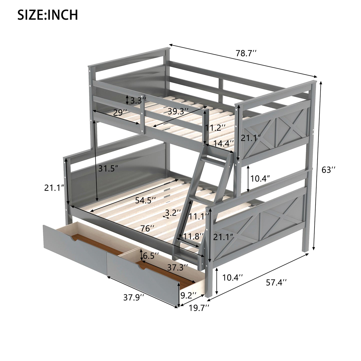 Twin over Full Bunk Bed with Ladder Two Storage Drawers  Safety Guardrail  Gray