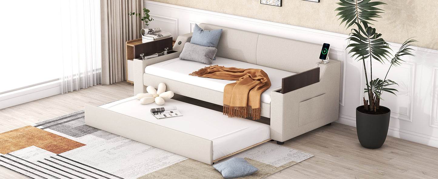 Sofá cama tapizado tamaño twin con brazos de almacenamiento, cama nido y diseño USB, acabado beige