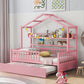 Wooden Twin Size House Bed with Trundle Kids Bed with Shelf Pink