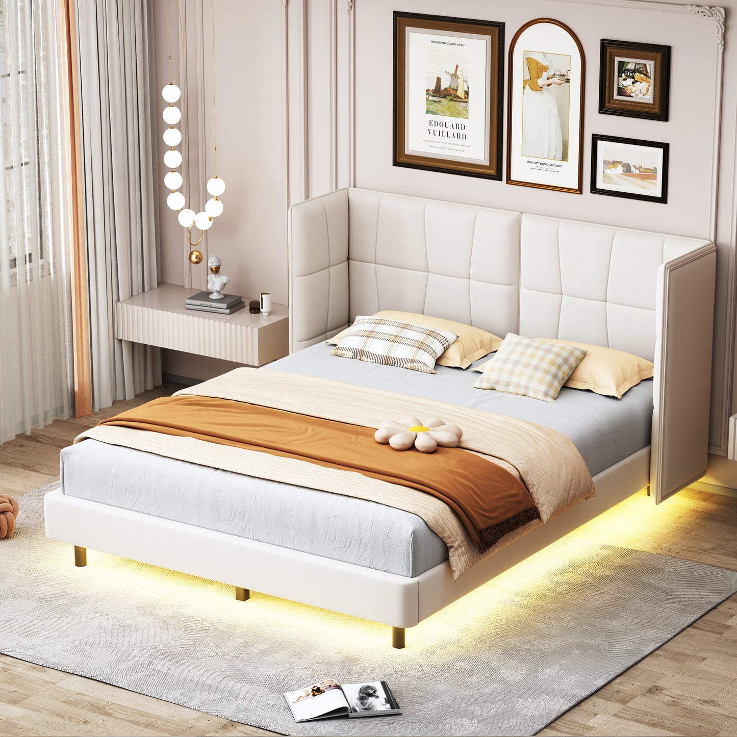 Queen Size Upholstered Platform Bed with LED Lights and U-Shaped Headboard, Linen Fabric, Beige