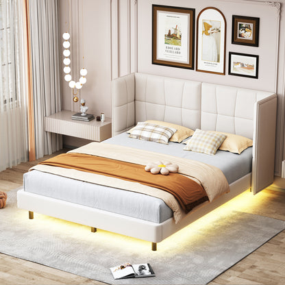 Queen Size Upholstered Platform Bed with LED Lights and U-Shaped Headboard, Linen Fabric, Beige