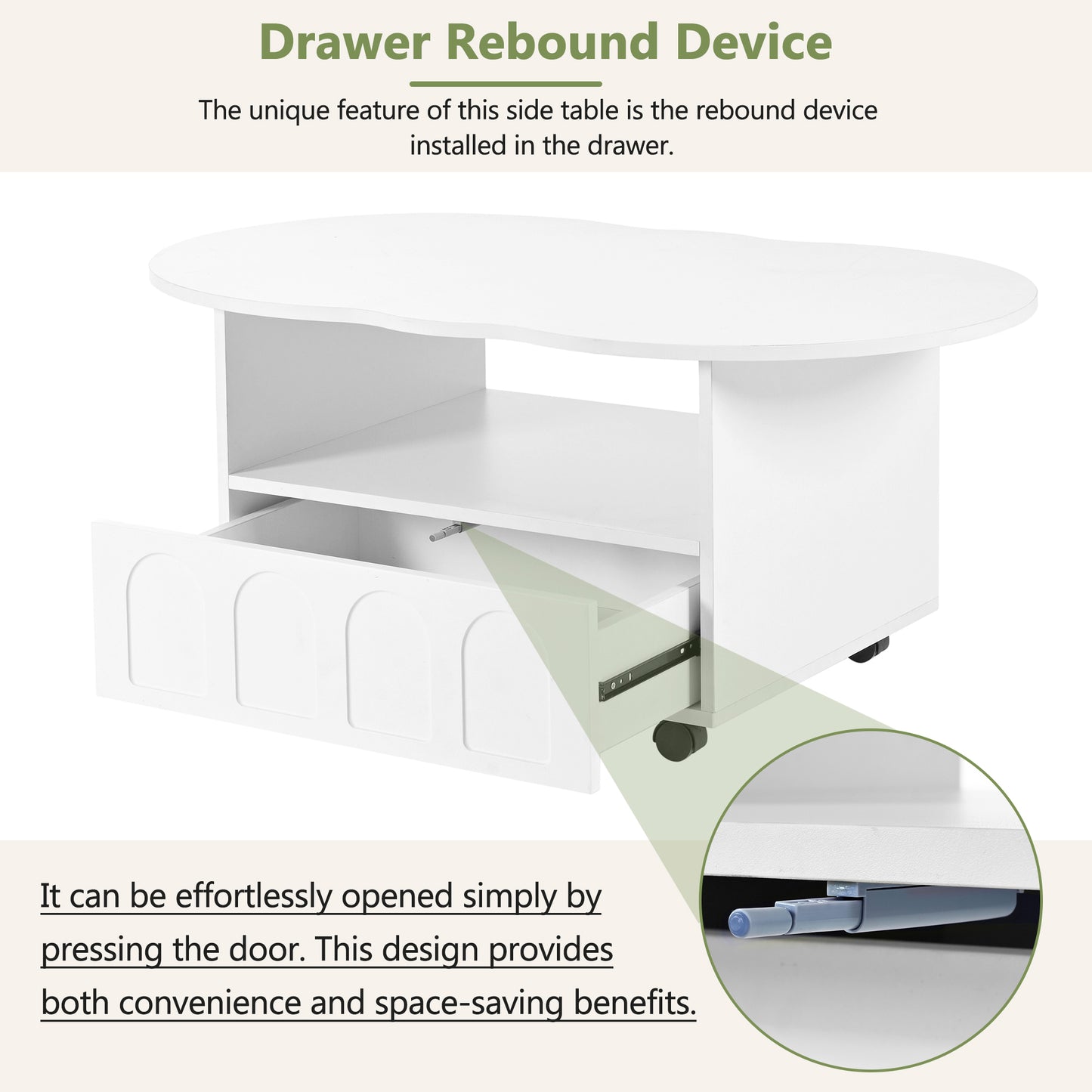 ON-TRANS flexible cream style coffee table with 2 brake wheels, drawers, large storage space, white, 39.37 '' x 23.6 ''