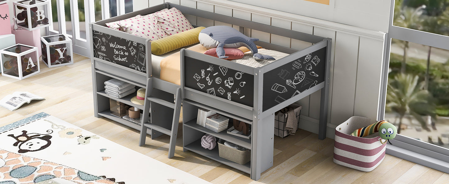 Twin Size Low Loft Bed with Two Movable Shelves and Ladder,with Decorative Guardrail Chalkboard,Gray