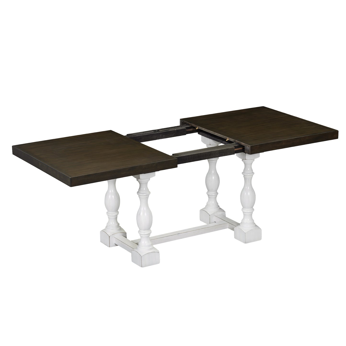 Juego de mesa de comedor extensible tradicional de 6 piezas con caballete, hojas extraíbles, sillas acolchadas y banco, color blanco envejecido