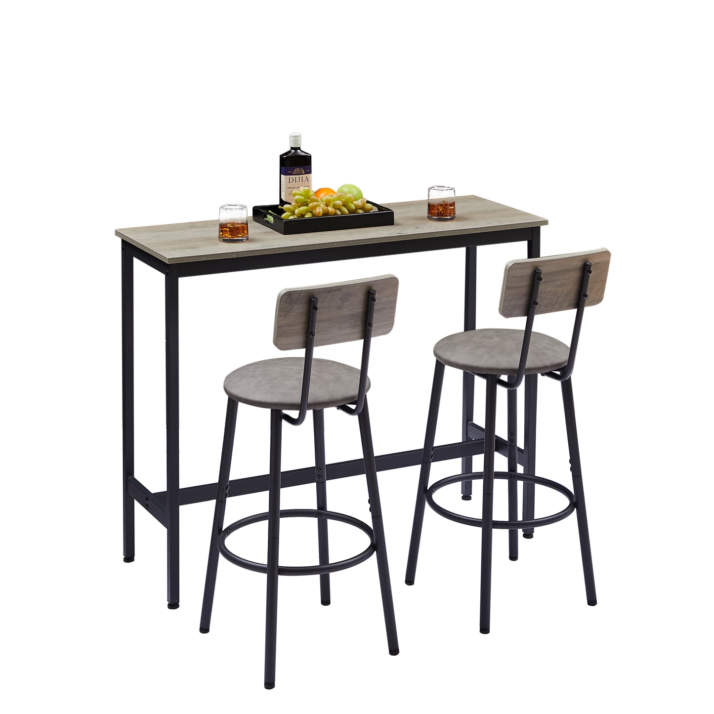 Bar Table Set with 2 Bar stools PU Soft seat with backrest Grey 43.31'' L x 15.75'' W x 35.43'' H