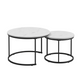 A set of nested 27.6-inch circular coffee tables with a wooden marble patterned tabletop and a sturdy metal frame (white)