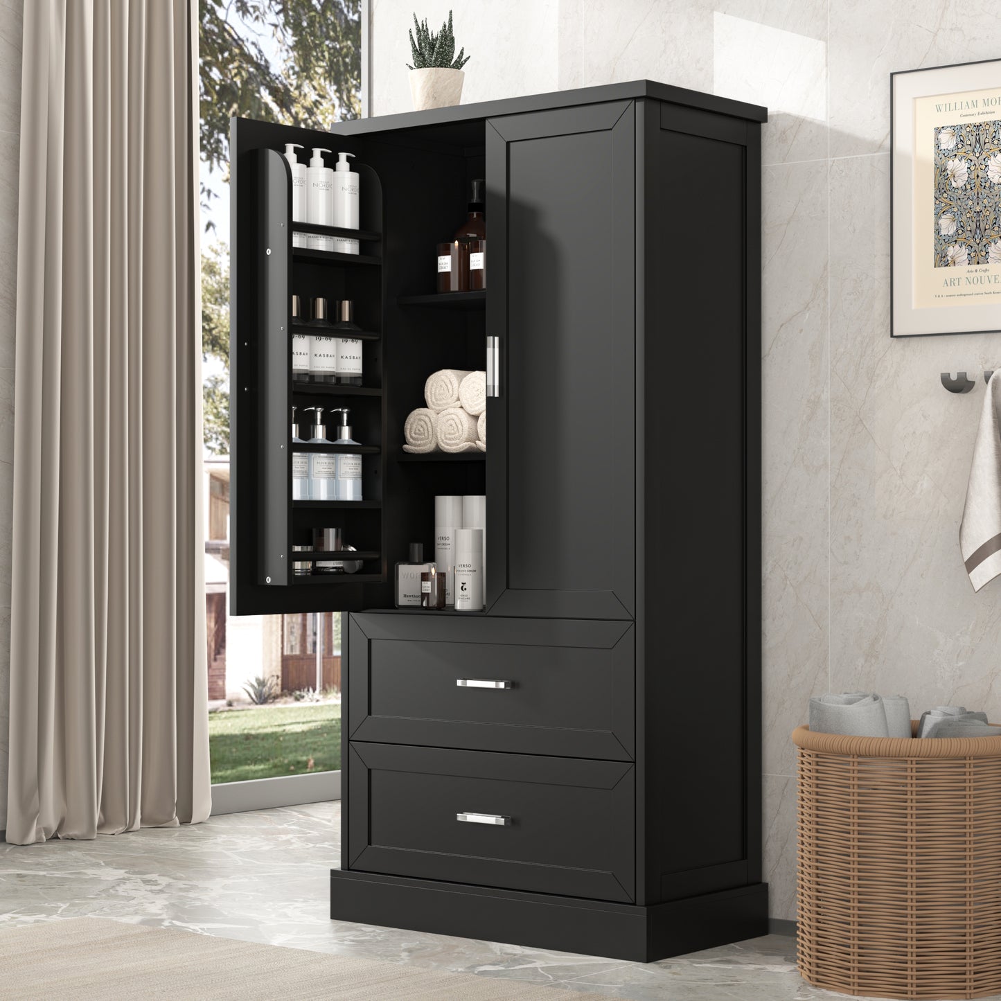 Mueble de baño alto con dos puertas y cajones, estante ajustable, tablero MDF, color negro