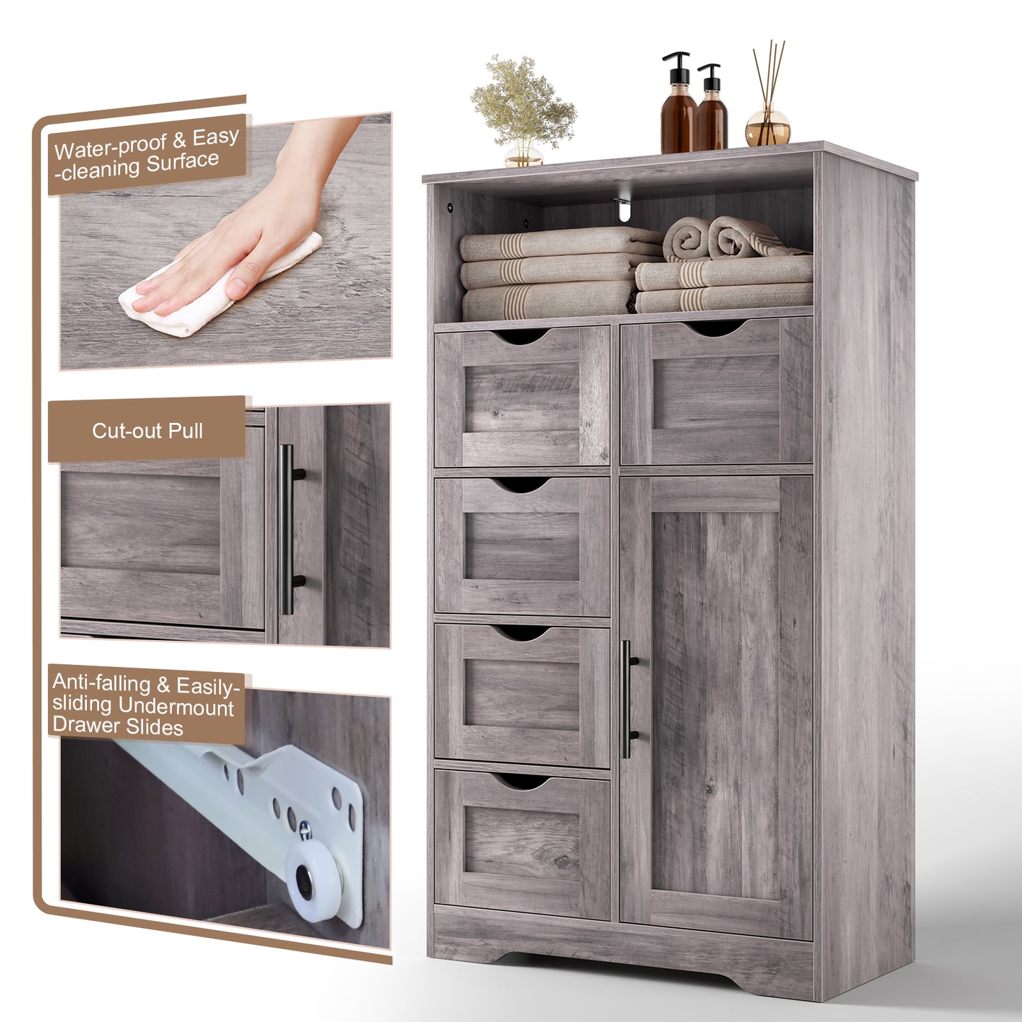 5 Drawers Storage Cabinet with Adjustable Shelves, Bathroom Cabinet with Doors, Floor Cabinet for Living Room Grey