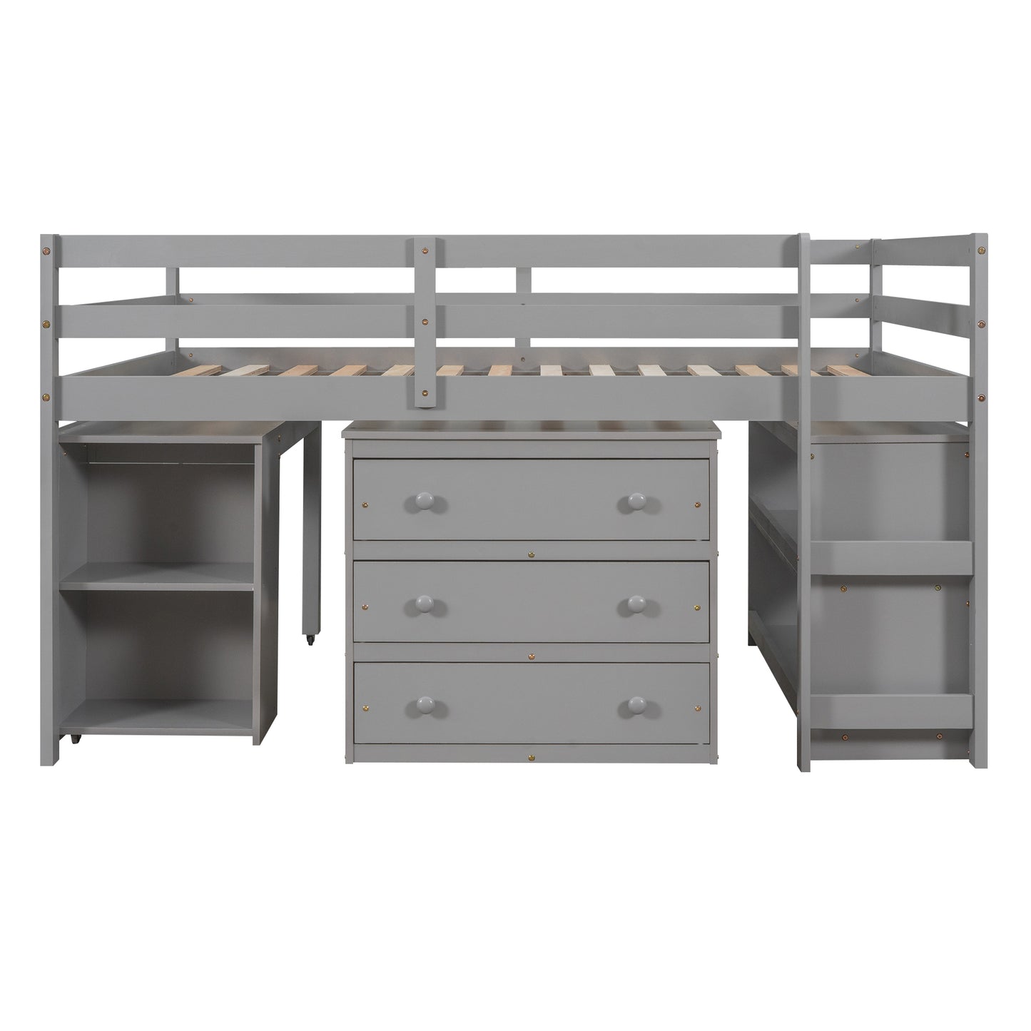 Low Study Full Loft Bed with Cabinet Shelves and Rolling Portable Desk Multiple Functions Bed- Gray