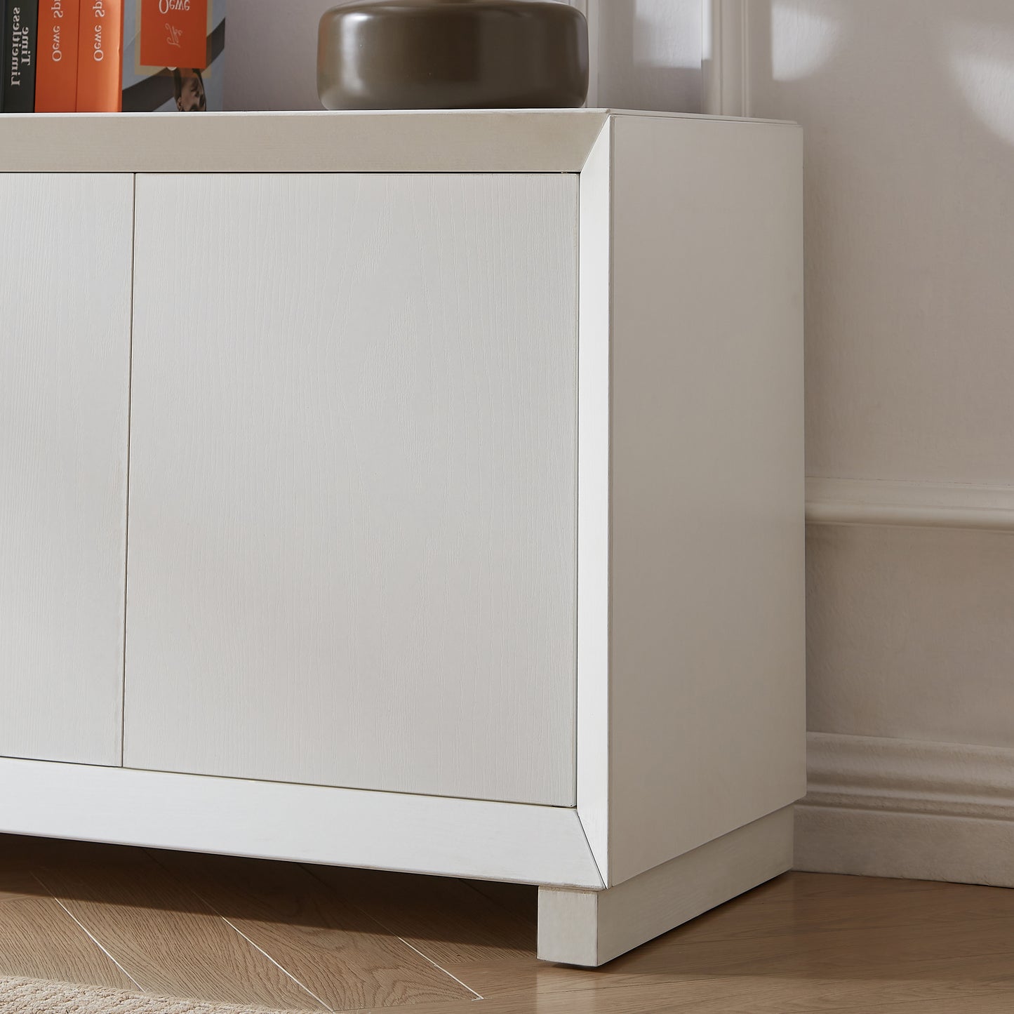 Side panel storage cabinet, TV stand, modern style cabinet, white, 64 inches wide x 15 inches deep x 23.23 inches high.