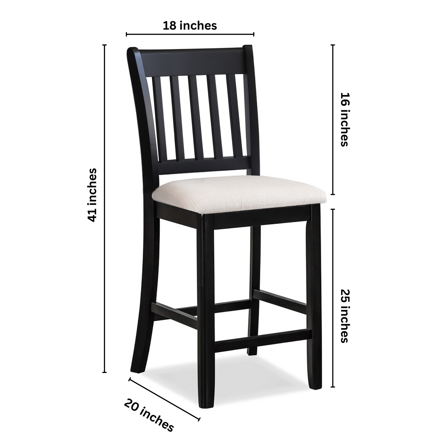 Casual Seating Black Finish Chairs, Set of 2 Rubberwood Transitional Slatted Back Dining Room Counter Chairs