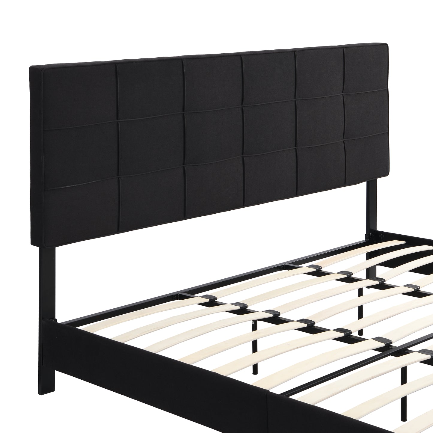 King Size Upholstered Platform Bed Frame with Linen Fabric Headboard BLACK