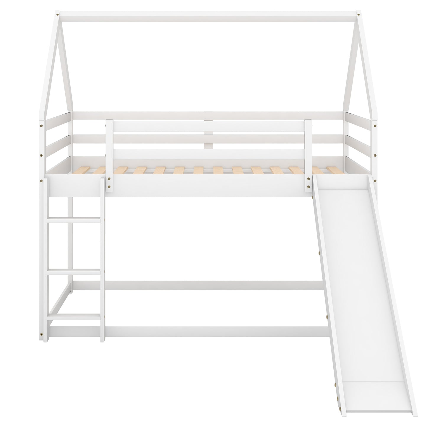 Twin Size Bunk House Bed with Slide and Ladder White