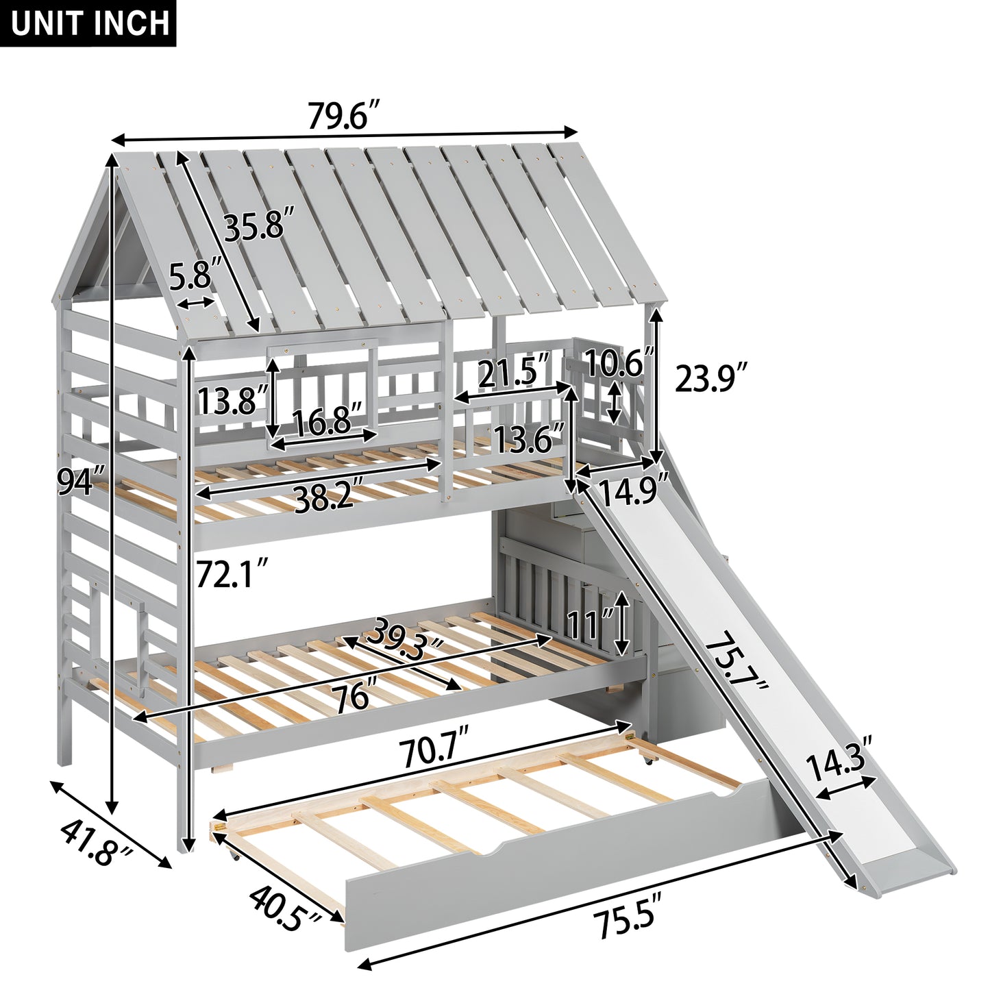 Twin over Twin House Bunk Bed with Trundle and Slide Storage Staircase, Roof and Window Design  Gray