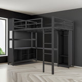 Cama alta de metal con armario y escritorio en forma de L, diseño de tamaño completo con gabinete de almacenamiento y estante, color negro