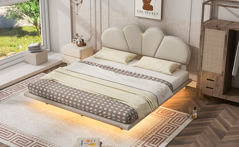 Queen Size Upholstery LED Floating Bed with PU Leather Headboard and Support Legs,Beige