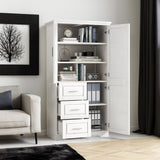 Tall and Wide Storage Cabinet with Doors, Three Drawers for Bathrooms and Offices, White Finish