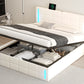 Queen Size Upholstered Bed with LED Lights Hydraulic Storage System and USB Charging Station White